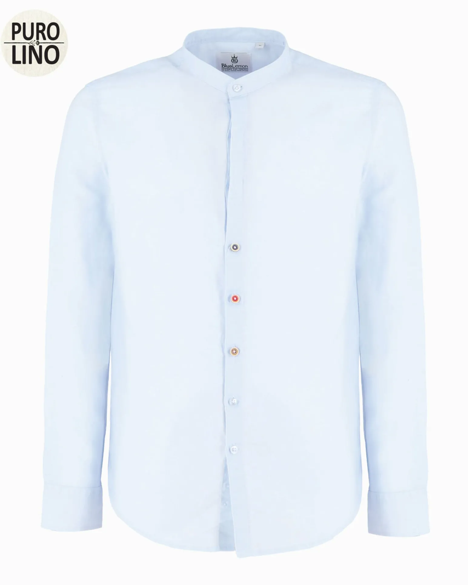 BLUE LEMON - Camicia manica lunga azzurra con collo corano in lino