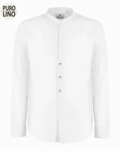BLUE LEMON - Camicia manica lunga bianca con collo corano in lino