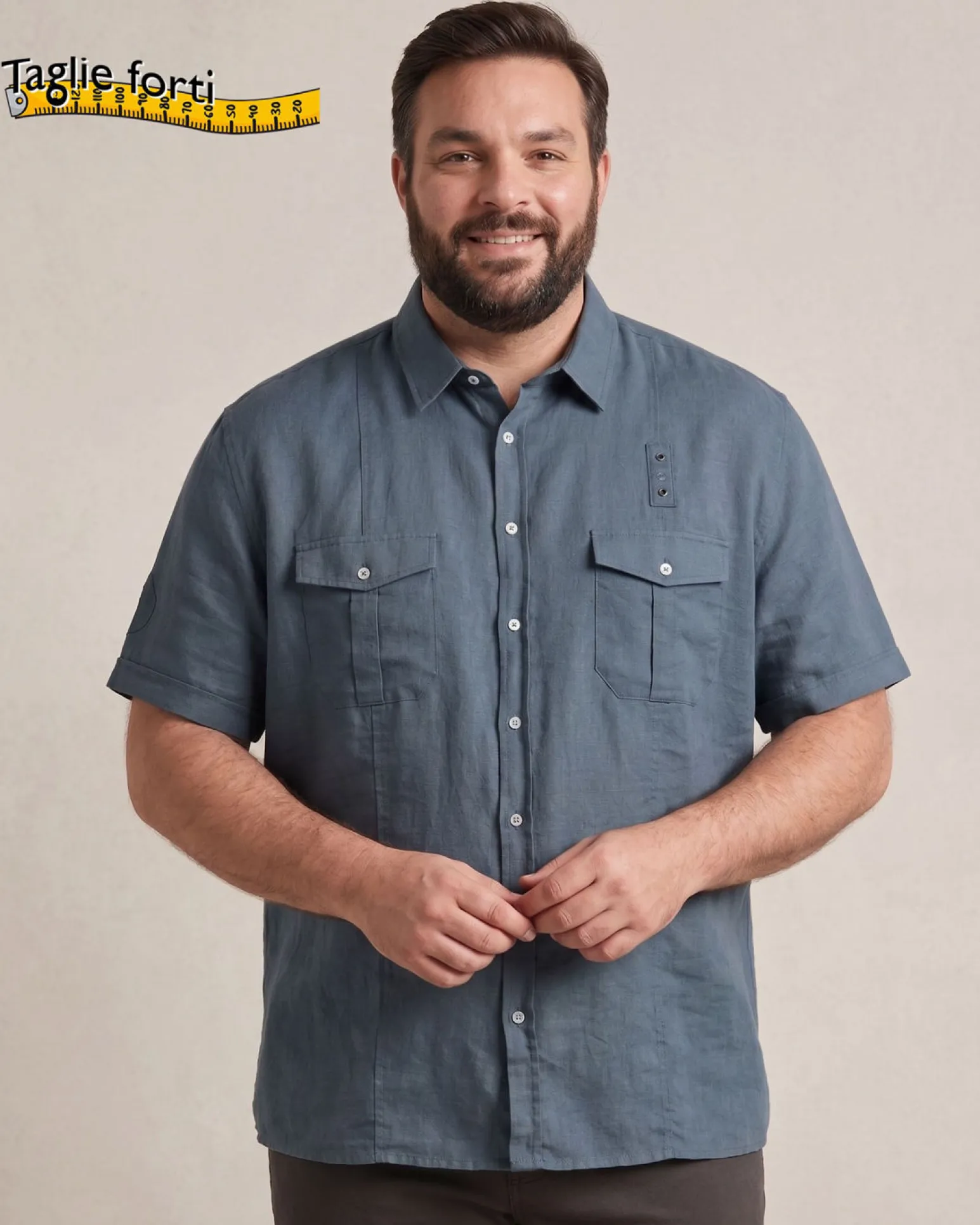 BLUE LEMON - Camicia over manica corta blu avio in lino