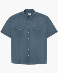 BLUE LEMON - Camicia over manica corta blu avio in lino