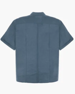 BLUE LEMON - Camicia over manica corta blu avio in lino