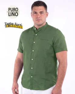 BLUE LEMON - Camicia over manica corta verde salvia con collo coreano in lino
