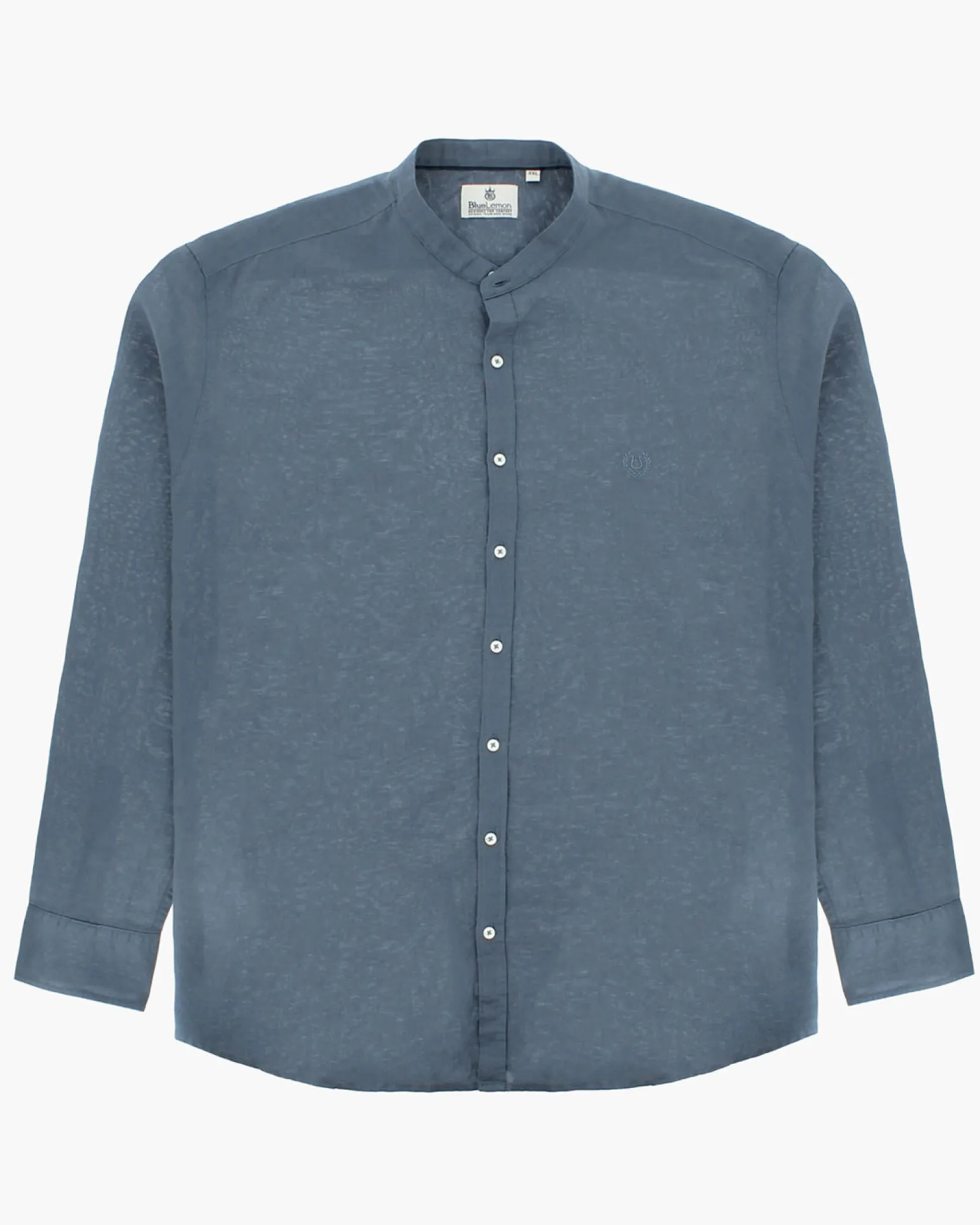 BLUE LEMON - OVER CAMICIA MANICA LUNGA LINO BLU AVIO COLLO COREANO