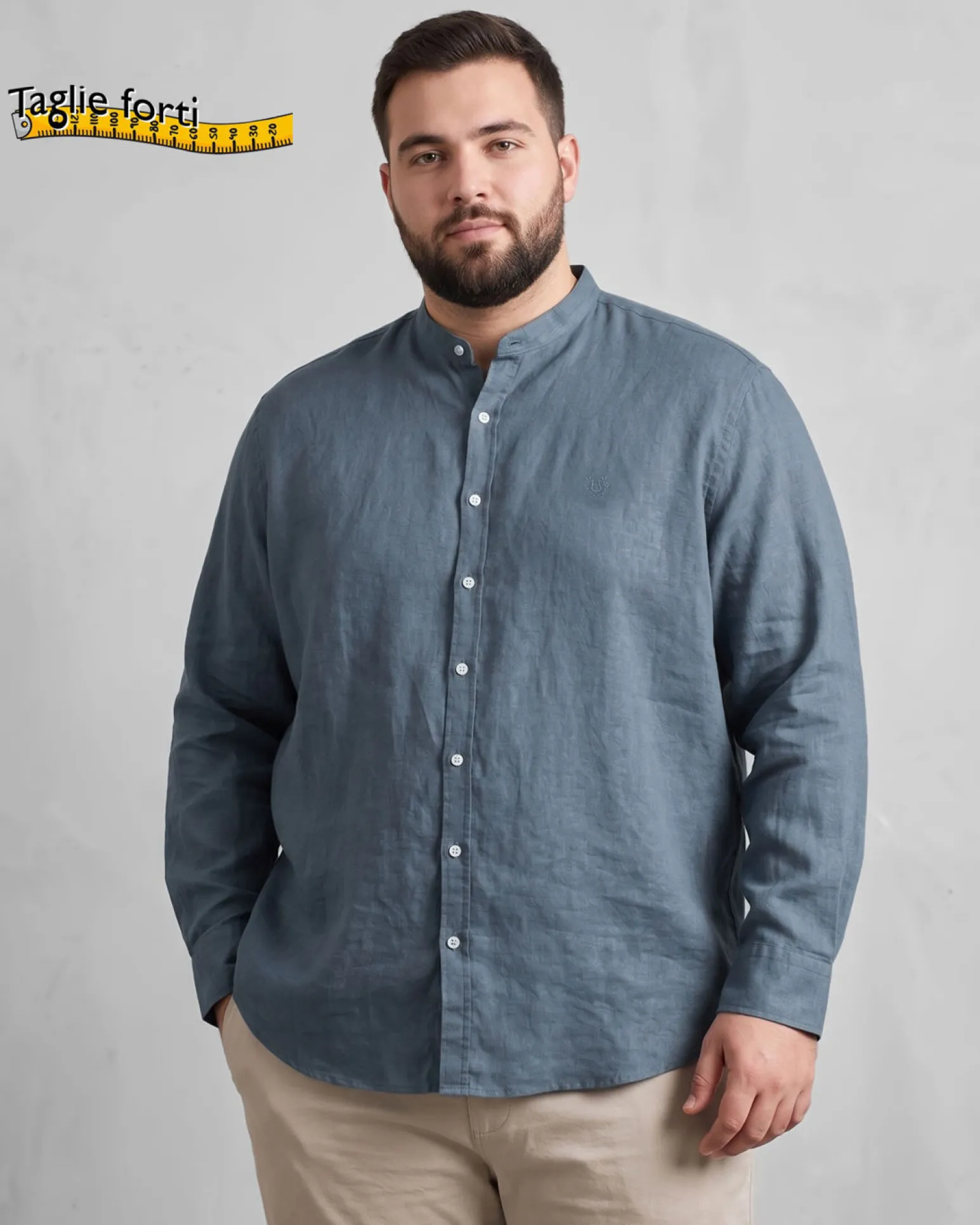BLUE LEMON - OVER CAMICIA MANICA LUNGA LINO BLU AVIO COLLO COREANO