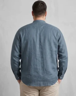 BLUE LEMON - OVER CAMICIA MANICA LUNGA LINO BLU AVIO COLLO COREANO