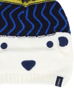BRUGI - Berretto bianco/blu da bambino fantasia orsetto con pon pon e fodera in pile