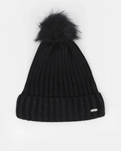 BRUGI - Berretto nero a maglia da donna con pon pon, brillantini e fodera in pile