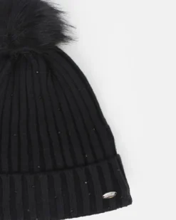 BRUGI - Berretto nero a maglia da donna con pon pon, brillantini e fodera in pile