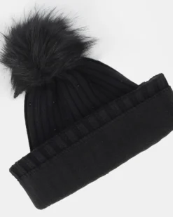 BRUGI - Berretto nero a maglia da donna con pon pon, brillantini e fodera in pile