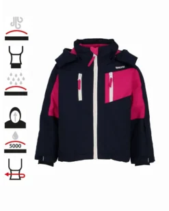 BRUGI - GIACCA DA SCI BAMBINA BLU E FUCSIA IMPERMEABILE E ANTIVENTO CON CAPPUCCIO