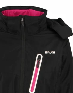 BRUGI - Giacca da sci donna nera impermeabile antivento e traspirante con cappuccio