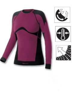 BRUGI - Maglia da donna viola e nera termica girocollo traspirante senza cuciture