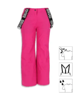 BRUGI - Pantalone da sci rosa impermeabile traspirante idrorepellente antivento con bretelle regolabili bambina