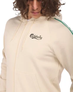 CARLSBER - Felpa crema full zip con bande e cappuccio