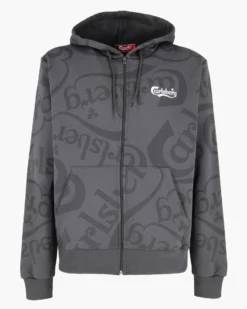 CARLSBERG - Felpa con cappuccio full zip nera all over da uomo