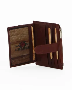 CHARRO - Portacarte cognac in VERA PELLE con ribaltina e tasca portaspicci