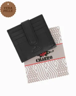 CHARRO - Portacarte nero in VERA PELLE da uomo con pattina