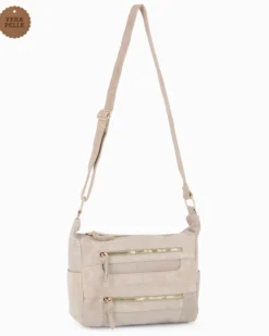 CHESTER POLO ACADEMY - Tracolla beige scamosciata in VERA PELLE con tre tasche frontali