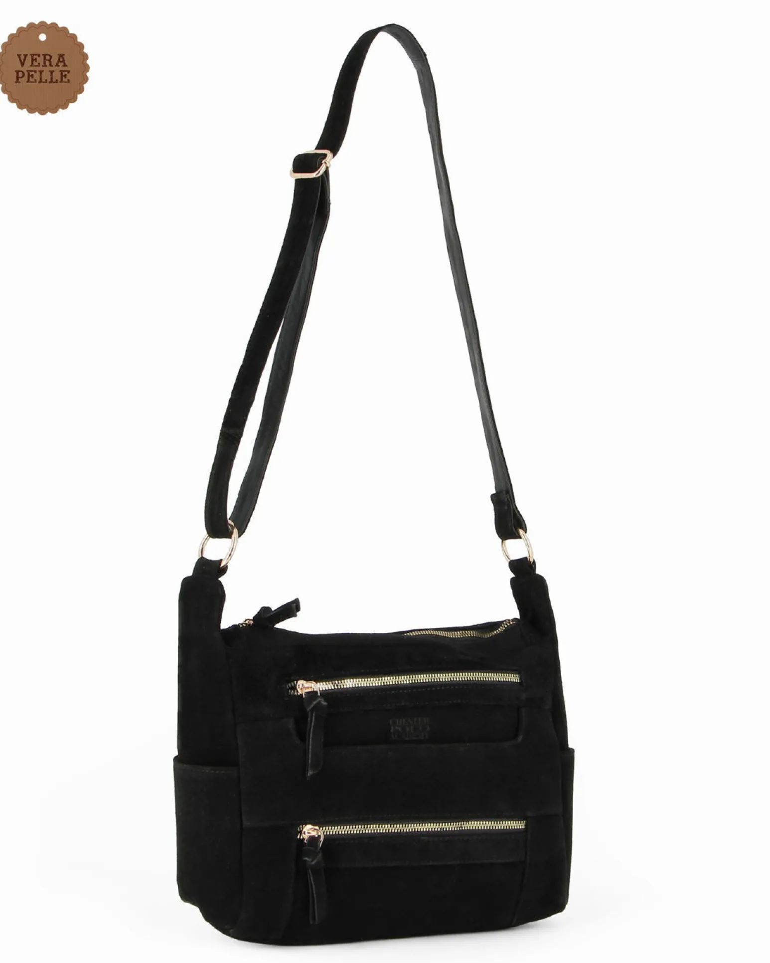CHESTER POLO ACADEMY - Tracolla nera scamosciata in VERA PELLE con tre tasche frontali
