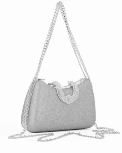 Clutch argento in glitter con manici catena e chiusura gioiello - DIVAS