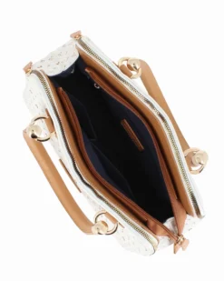 CORTINA POLO STYLE - Bauletto due manici bianco/cuoio loggato con tre scomparti principali, tracolla removibile