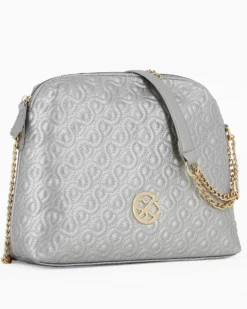 CORTINA POLO STYLE - Borsa argento con ricami frontali e tracolla scorrevole