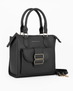 CORTINA POLO STYLE - Borsa due manici nera con tasca frontale con doppia fibbia sulla patta, tracolla removibile