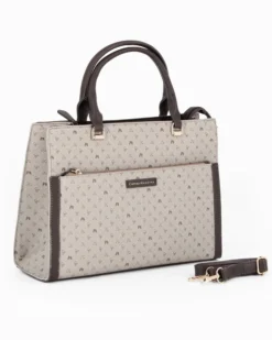 CORTINA POLO STYLE - Borsa due manici taupe loggata con tasca frontale, tracolla removibile