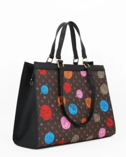 CORTINA POLO STYLE - Borsa shopping marrone con manici doppia lunghezza e stampe multicolor
