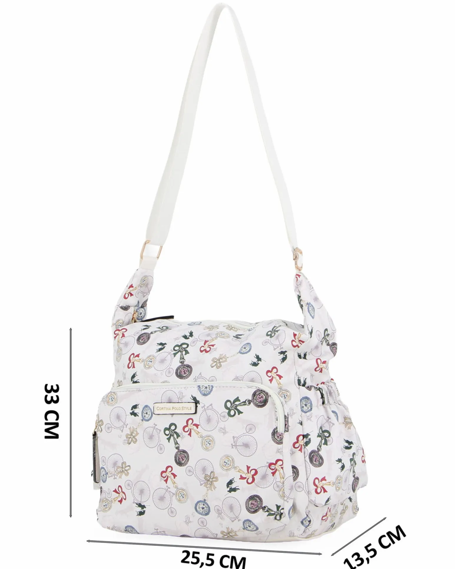 CORTINA POLO STYLE - Tracolla bianca con stampa bici, tasca frontale e taschini laterali elasticizzati
