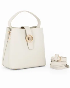 DAVID JONES - Borsa a mano beige con pattina e tre scomparti principali, tracolla removibile