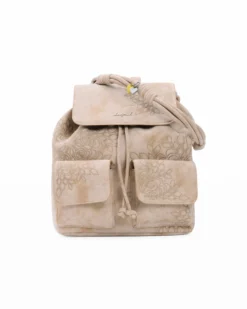 DESIGUAL - Zaino sabbia con dettagli ricamati, patta, tasche frontali con chiusura magnetica, tracolla removibile