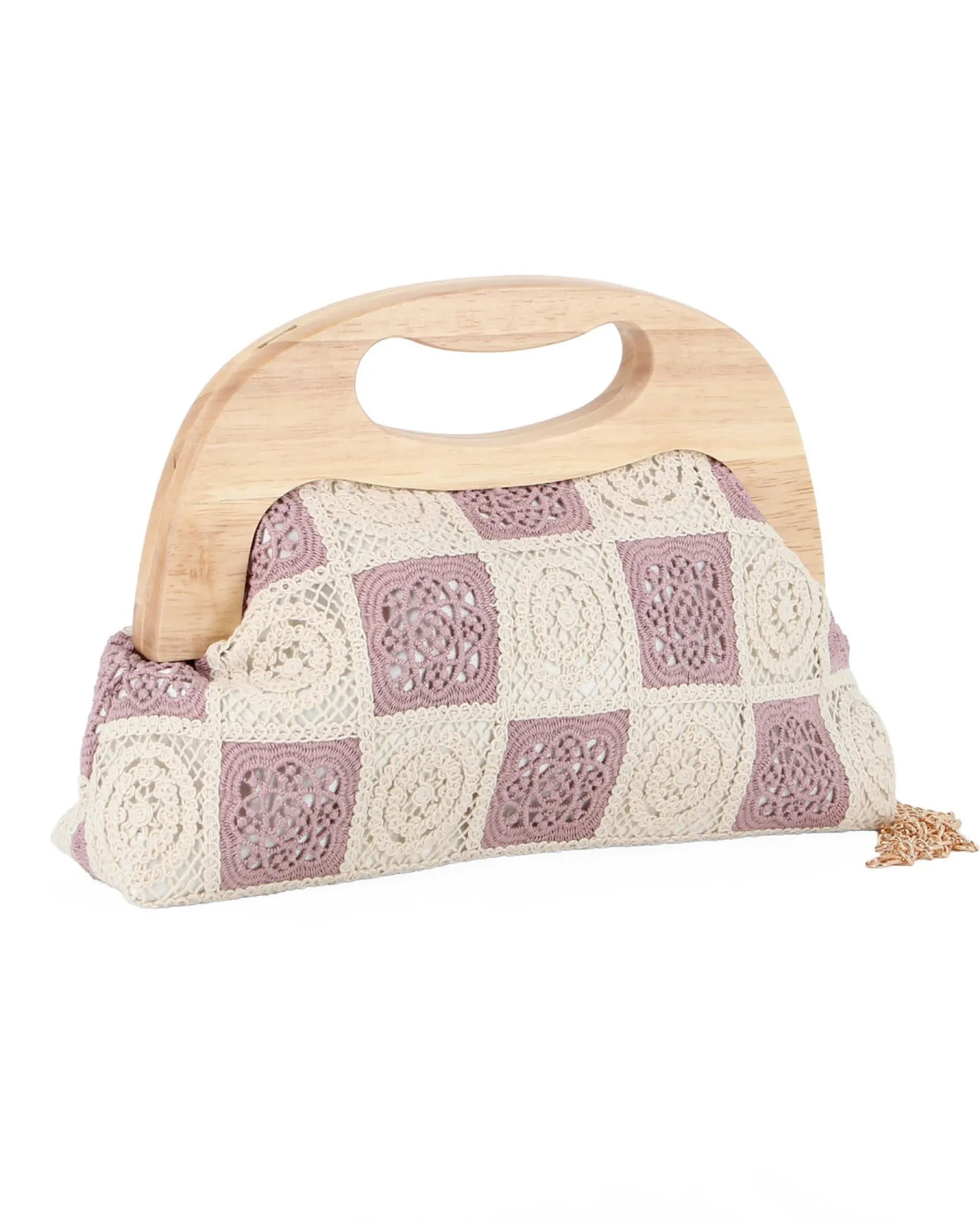 DIVAS - Borsa a mano ricamata nudo e panna con manico in legno