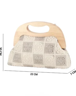 DIVAS - Borsa a mano ricamata taupe e panna con manico in legno
