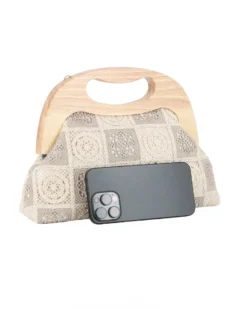 DIVAS - Borsa a mano ricamata taupe e panna con manico in legno