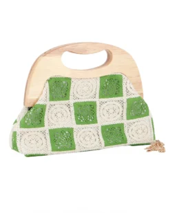 DIVAS - Borsa a mano ricamata verde e panna con manico in legno