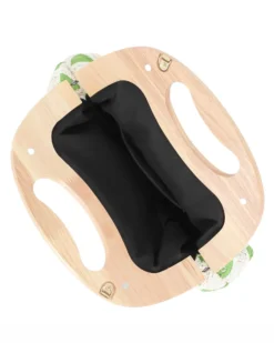 DIVAS - Borsa a mano ricamata verde e panna con manico in legno