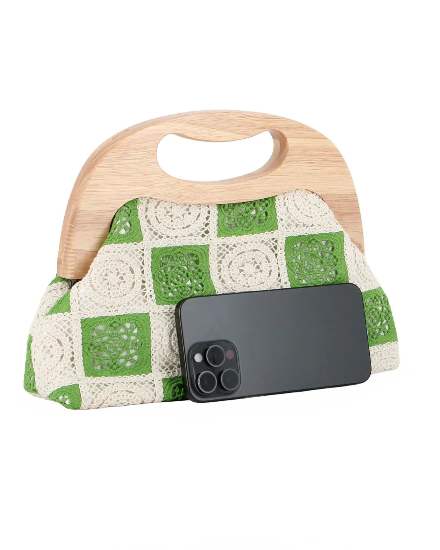 DIVAS - Borsa a mano ricamata verde e panna con manico in legno
