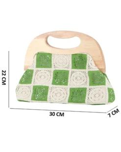 DIVAS - Borsa a mano ricamata verde e panna con manico in legno