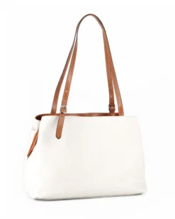 DIVAS - Borsa a spalla bianca in VERA PELLE con finiture cuoio e manici regolabili, MADE IN ITALY