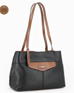 DIVAS - Borsa a spalla nera in VERA PELLE con finiture cuoio e manici regolabili, MADE IN ITALY