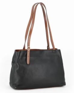 DIVAS - Borsa a spalla nera in VERA PELLE con finiture cuoio e manici regolabili, MADE IN ITALY