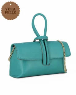 DIVAS - Borsa bracciale azzurra con catena oro VERA PELLE, MADE IN ITALY