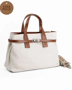 DIVAS - Borsa due manici beige in VERA PELLE con tracolla nastro - MADE IN ITALY