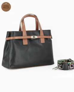 DIVAS - Borsa due manici nera in VERA PELLE con tracolla nastro - MADE IN ITALY