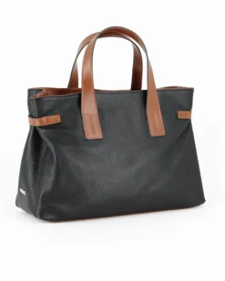 DIVAS - Borsa due manici nera in VERA PELLE con tracolla nastro - MADE IN ITALY