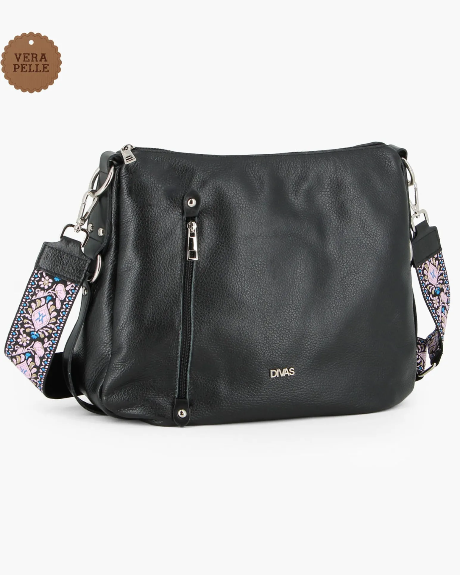DIVAS - Borsa nera con tracolla nastro in VERA PELLE - MADE IN ITALY