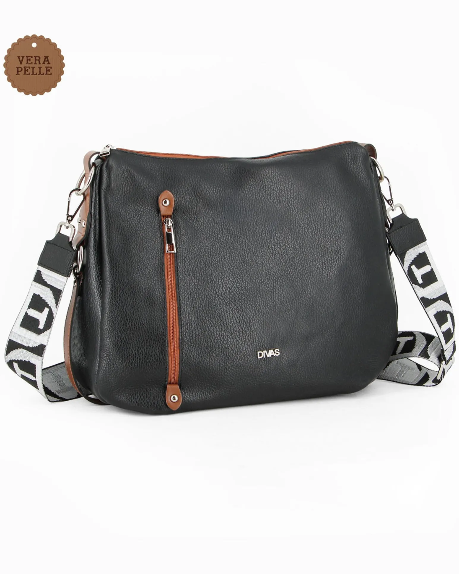 DIVAS - Borsa nera con tracolla nastro in VERA PELLE - MADE IN ITALY