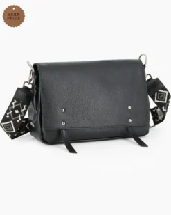 DIVAS - Borsa nera VERA PELLE con patta e tracolla nastro -MADE IN ITALY