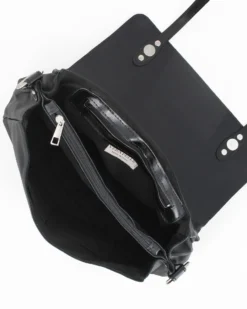 DIVAS - Borsa nera VERA PELLE con patta e tracolla nastro -MADE IN ITALY